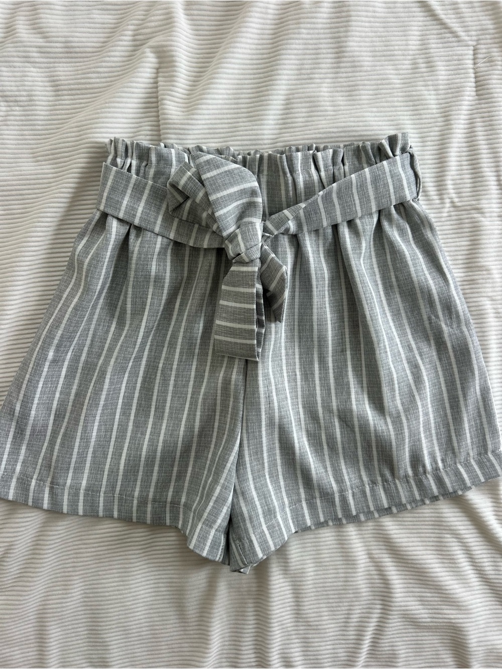 Women's Gray Striped Paperbag Waist Shorts